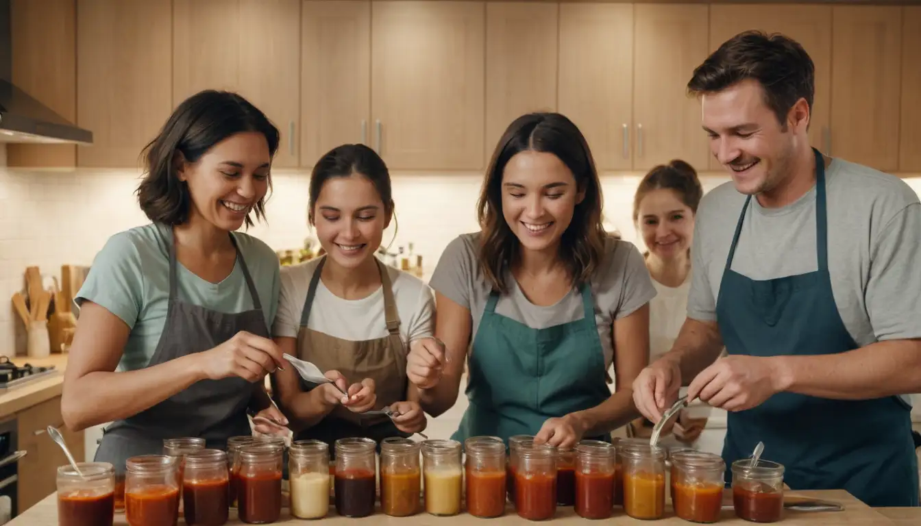 Happy family members cleaning together with smile, surrounded by messily arranged sauce bottles and utensils, with a big spoon and a warm light in the background, depicting teamwork, patience, positivity and joy during home chores