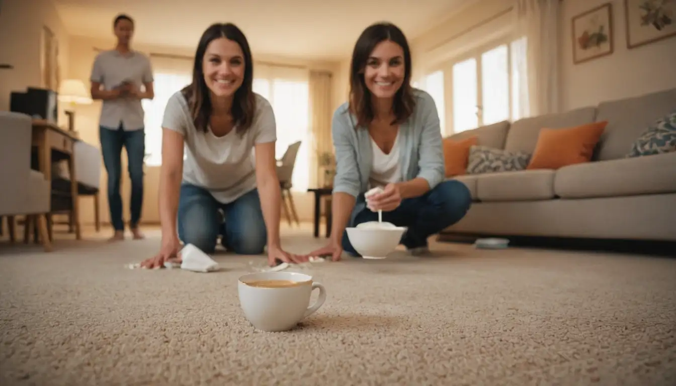 A living room with a carpeted floor, a small sauce spill on the edge, a woman or man in the background cleaning up the mess, a smiling family member in the foreground holding a cup and saucer, soft lighting, warm colors, informal atmosphere