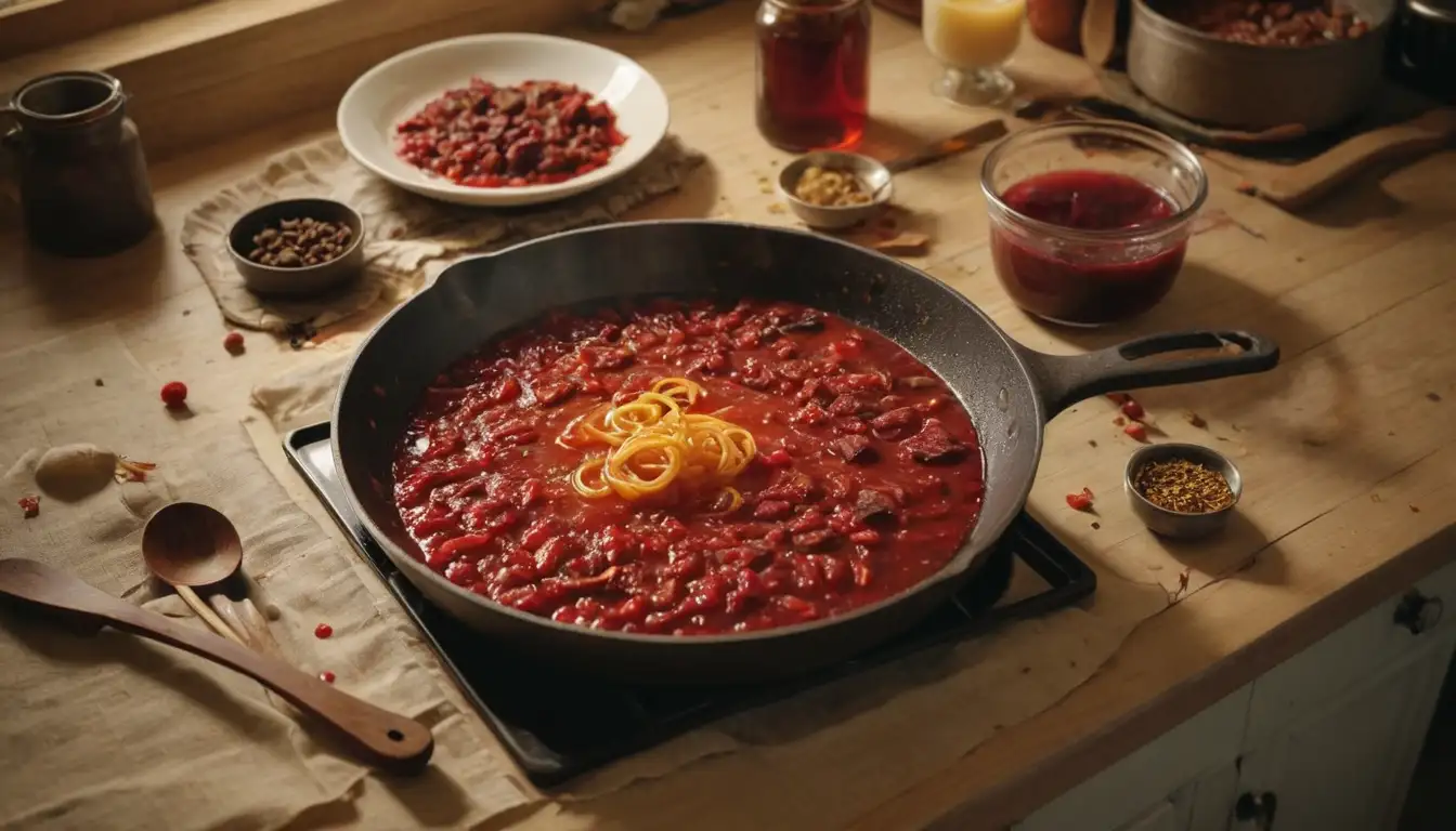 A homey kitchen setting, a messy sauce-stained tablecloth, a frying pan with congealed food residue, a utensil holder with scattered wooden spoons, a glass jar filled with a tangly red substance, a hint of steam rising from the pan, warm golden lighting