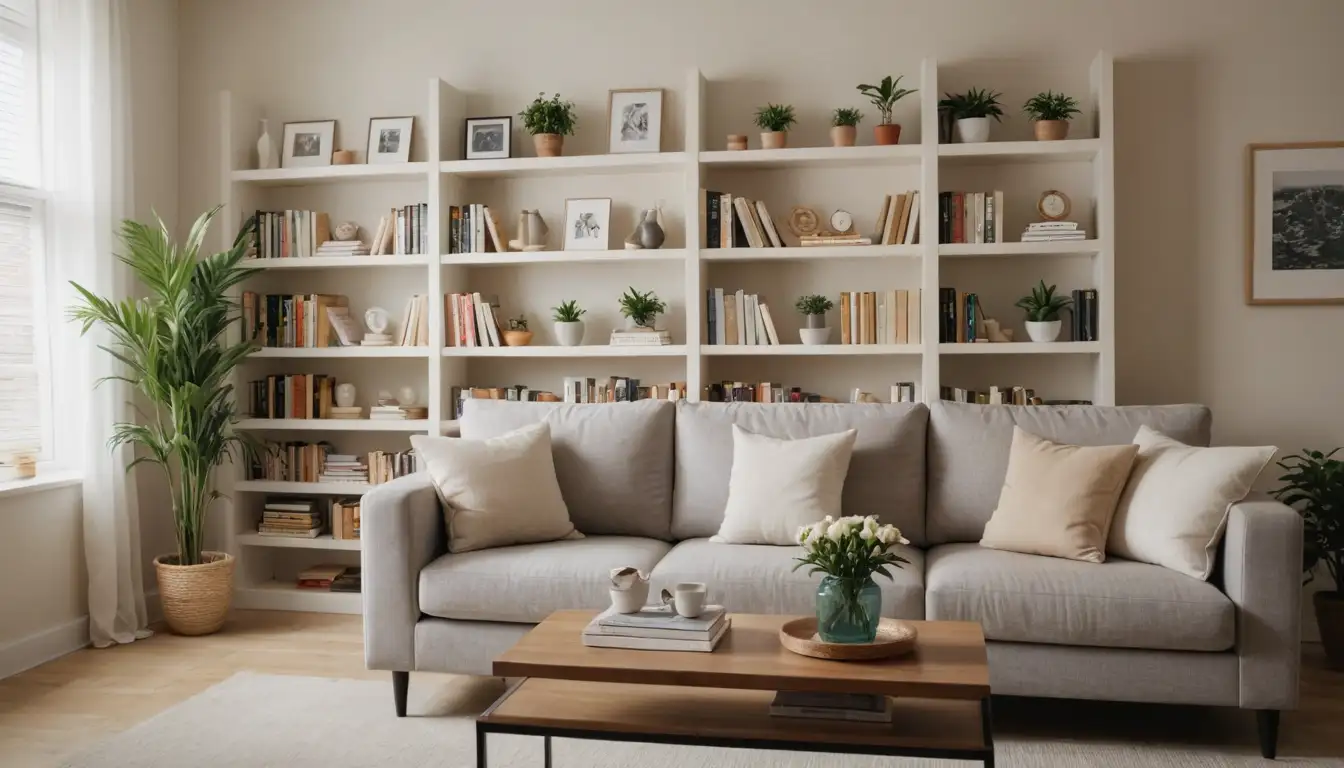 tidy living room, shelves stacked with books and decorative items, a couch with pillows in perfect alignment, a vase with fresh flowers on a minimalist coffee table, a clean floor with no clutter, a few carefully placed plants, a peaceful atmosphere with warm lighting