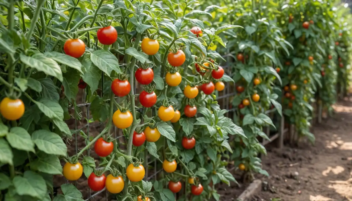 Tiny tomatoes growing on a trellis, lush green leaves, bright sunlight, warm soil, red or yellow cherry tomatoes ripening, tiny plants with stems wrapped around stakes or cages, compact and bushy growth, rustic garden background, natural texture, no digital editing