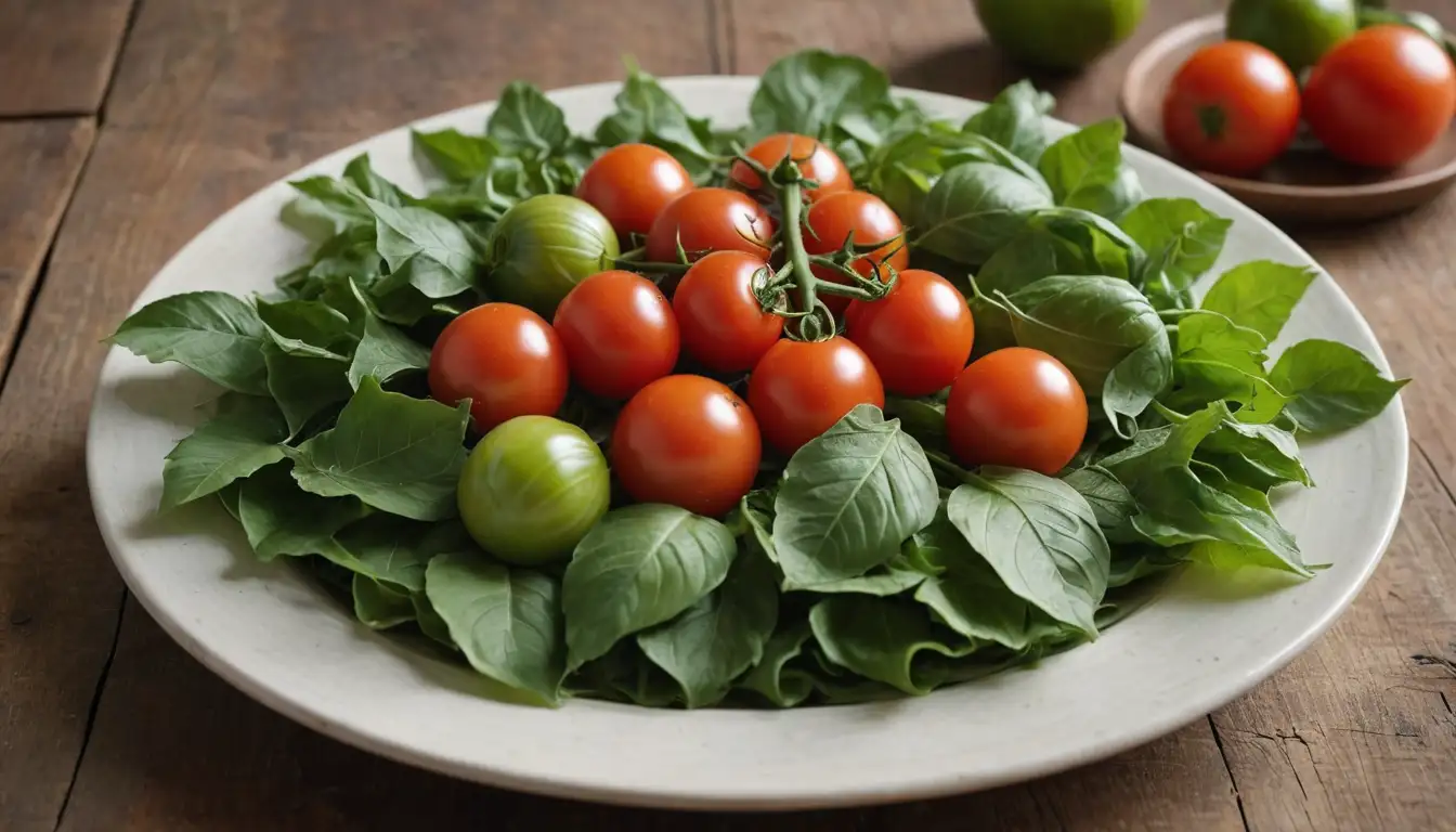 A plate of juicy Tomate Enano leaves, with vibrant green Tomatillo de Jerusalén leaves intertwined, surrounded by ripe Capsicastro fruits, against a warm rustic background, with sunlight casting a gentle glow, and a few sprigs of fresh herbs adding depth to the scene