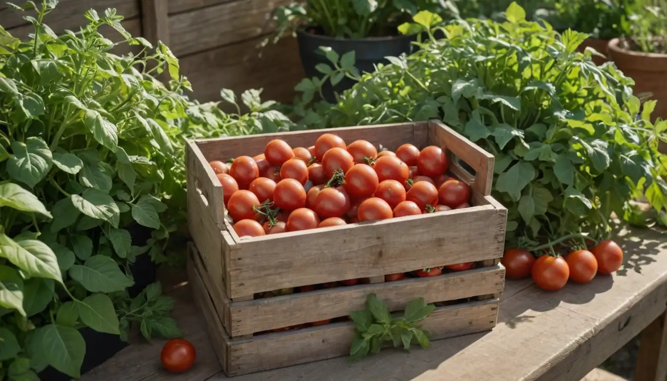 small tomatoes, Jerusalem artichokes, colorful vegetables, gardening tools, kitchen utensils, ripe fruit, fresh herbs, vibrant flowers, lush greenery, rustic farm setting, sunlight filtering through leaves, earthy tones, wooden crates, burlap sacks