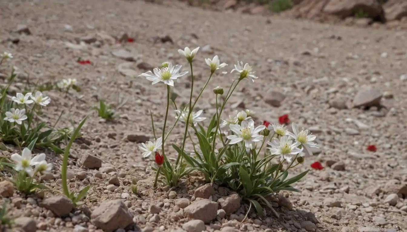 Delicate white flowers, thin stems with red tips, leaves covered in tiny hairs, wispy threads, arachnid-like webbing, dry soil, rocky terrain, and possibly a few insects or small animals nearby