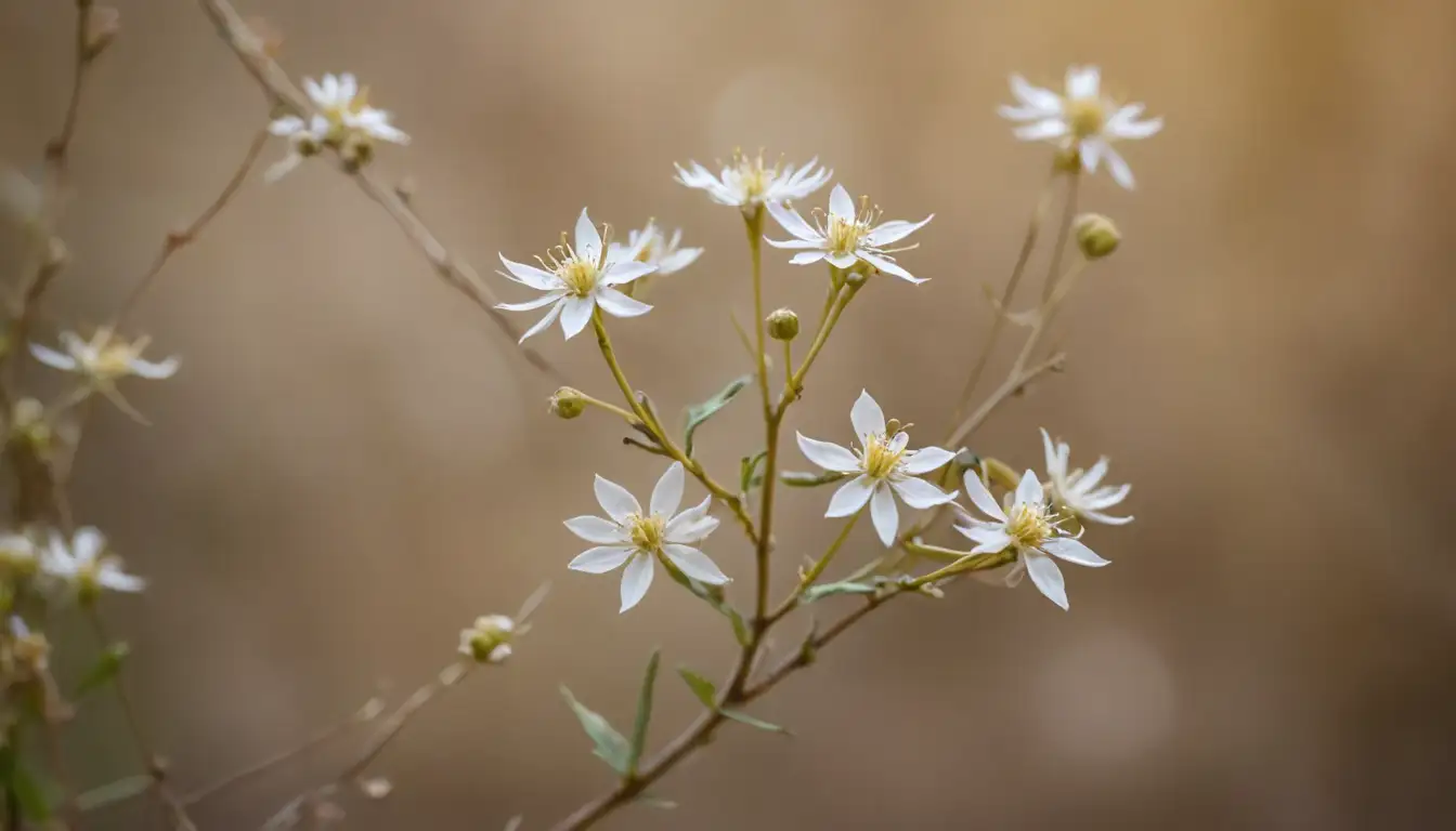 Delicate spider-like leaves, intricate network, tiny white flowers, golden yellow stems, dry earthy background, wispy tendrils, delicate details, naturalistic scene, subtle texture, soft lighting, gentle color palette