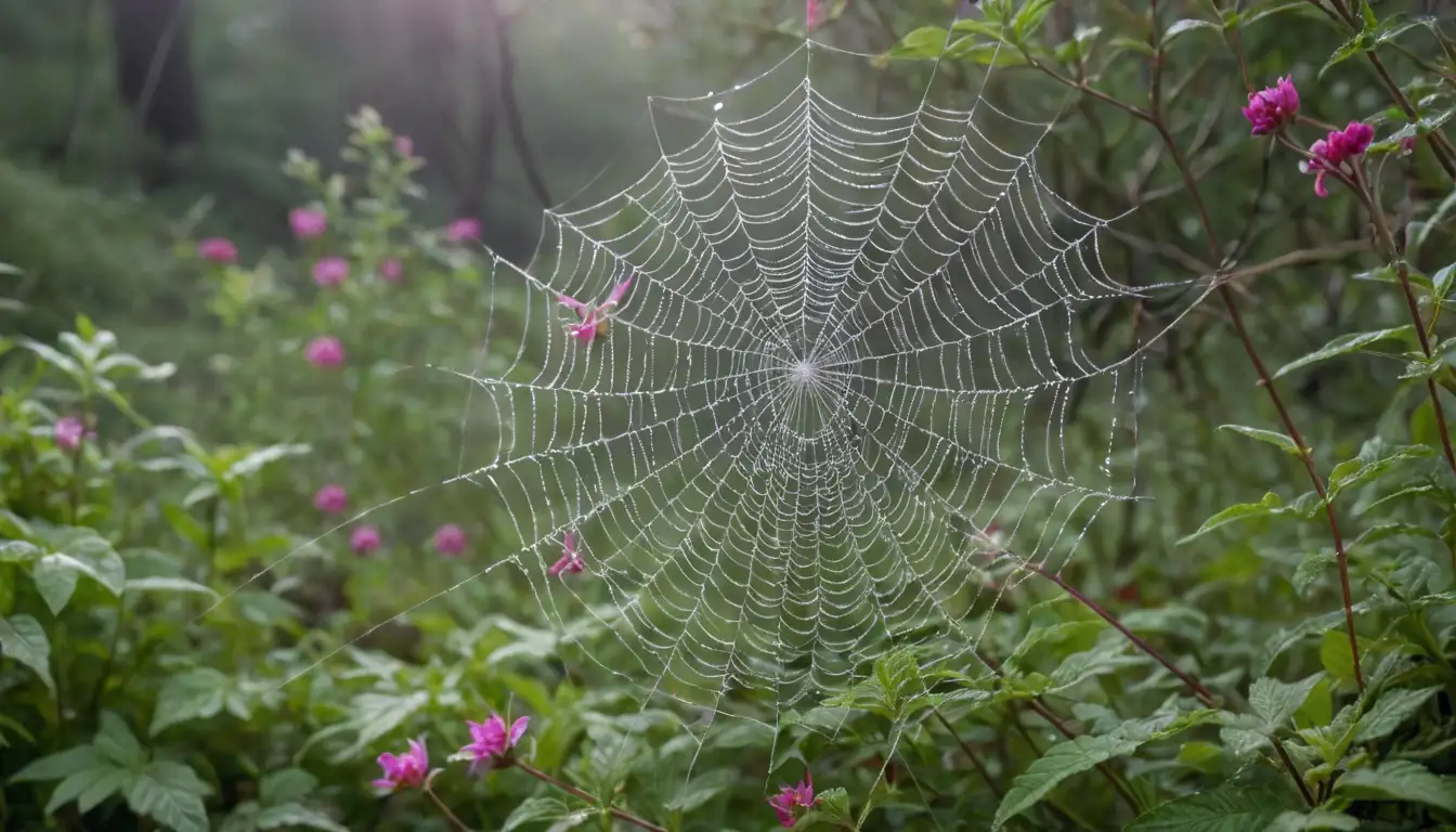 Silvery-white leaves with red tips, intricate spider-like web patterns on stems, delicate pinkish-purple flowers, soft green foliage, tiny white hairs, fine filaments resembling a cobweb, arachnid appearance, wispy tendrils, and a subtle backdrop of natural terrain