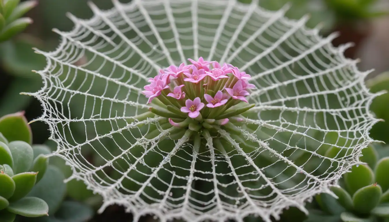 Delicate, lacy webs, intricately crafted by tiny spiders, entwined around a succulent plant with rosettes of bright green leaves and tiny stems adorned with small, star-shaped flowers in shades of white and pink