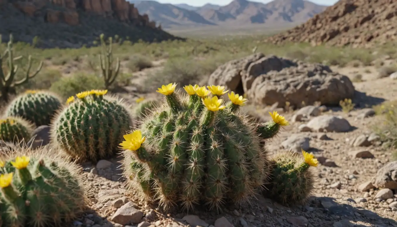 2-3 small cacti with bright green stems, yellow flowers, dry desert landscape, rocky outcroppings, scrubby plants, warm sunlight, sandy soil, unique shapes and spines, close-up focus, natural setting