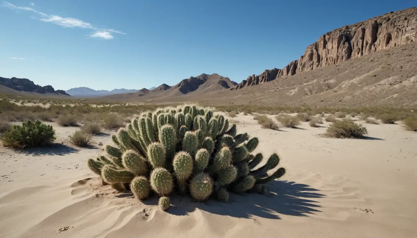 3D cactus, Sulcorebutia Rauschii species, arid desert landscape, rocky outcroppings, sandy dunes, sparse vegetation, blue sky with few puffy clouds, warm sunlight casting shadows