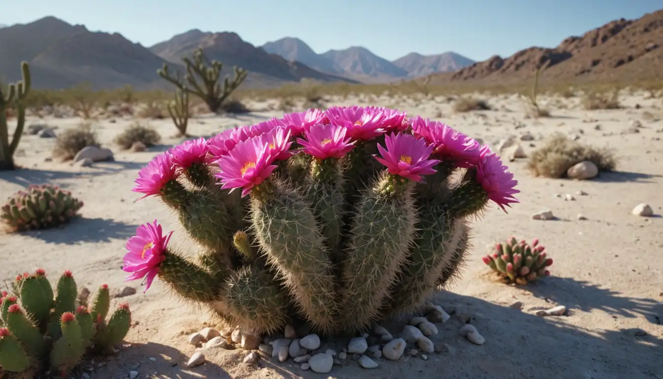 3D render of Sulcorebutia Rauschii cactus with vibrant pink flowers blooming on top, surrounded by small white stones and dry desert landscape, warm sunlight casting shadows on its wavy, elongated stems and spines, subtle mist or fog in the background for atmospheric effect