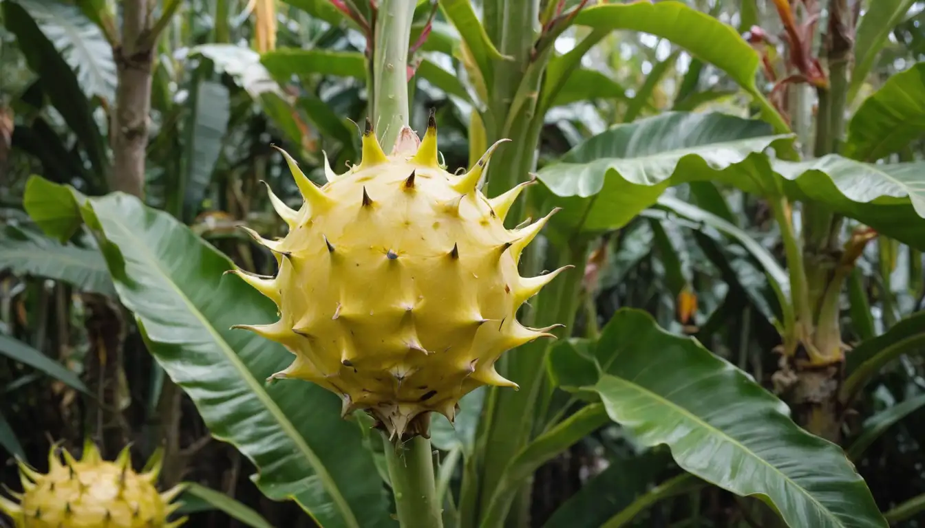 Bright yellow dragon fruit with vibrant green stems, surrounded by lush tropical foliage, warm sunlight casting gentle shadows, and a few scattered leaves or fruits in the background for added context
