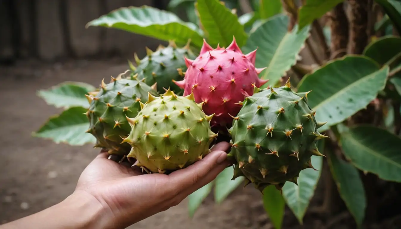 Vibrant pitahaya fruits with various colors, green leaves and stems, rustic or natural settings, possibly a hand holding or cutting one, warm lighting, soft focus on textures, simple background