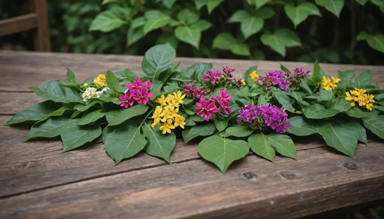 3-4 pitahayas with varying colors and shapes on a wooden table or rustic surface, surrounded by fresh green leaves and possibly some flowers, with soft warm lighting, in a natural and inviting atmosphere