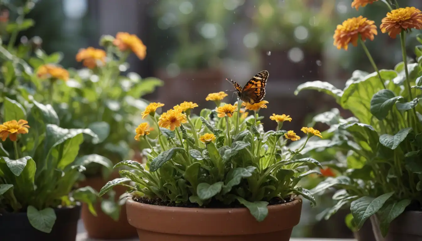 Delicate, bright-colored flowers, curly stems, leafy greens, pots, soil, water droplets, possibly a butterfly or bee, warm and cozy lighting, blurred background
