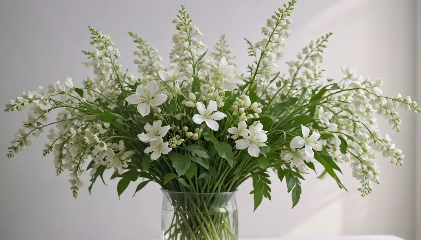 Vase-filled container, lush green stems, white or pastel-colored blooms, drooping flower clusters, delicate petals, bright light background