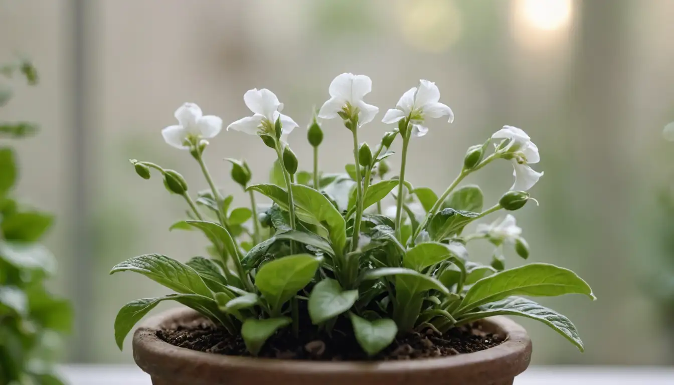A close-up view of a bright green, delicate-looking Torenia fournieri stem with small white flowers and long, thin tendrils, growing in a terrarium or hanging basket with lush foliage around it, against a blurred background of white, cream or pastel colors, with subtle lighting and gentle shadows