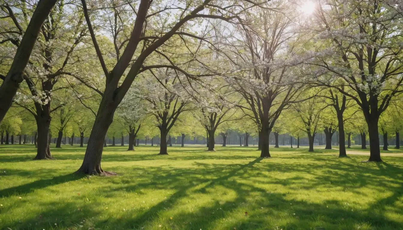 Trees under full bloom, green leaves, colorful flowers, sunlight filtering through branches, gentle breeze, no snow or frost, warm and sunny weather, spring-like atmosphere, new growth, vibrant colors, natural landscape