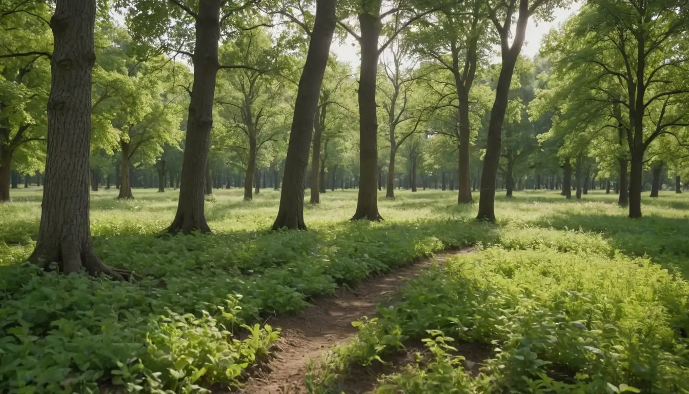 Mature trees growing in sunny fields with green foliage, soil erosion prevented by groundcovers, beneficial insects visiting flowers, organic matter added to soil, and healthy tree roots spreading underground