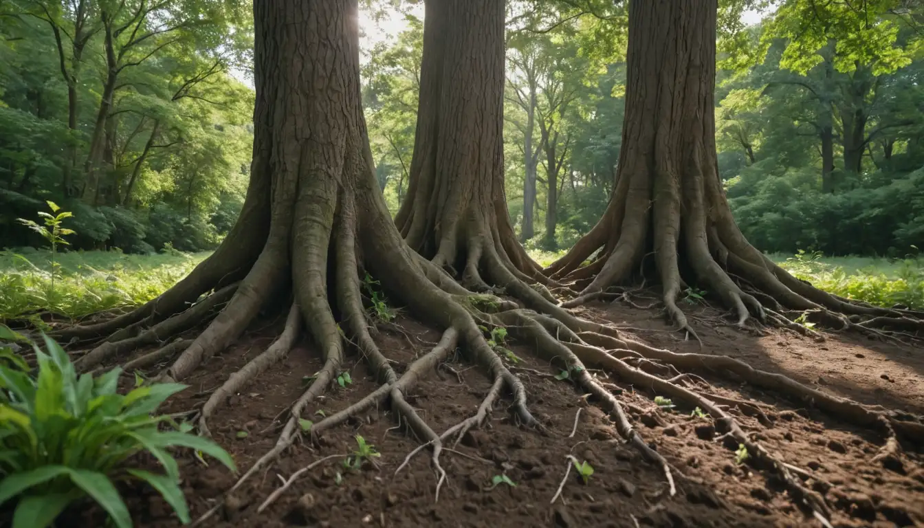 2 trees, one young and one mature, with diverse foliage, transplanting scene in progress, natural habitat context, varied species, close-up shots of roots, soil, and weather conditions, serene environment, sunlight and shadows, lush greens and vibrant colors, distinct textures