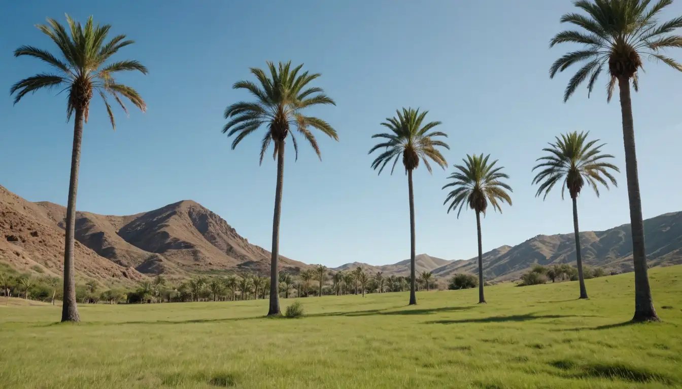 2-3 palm trees in a sunny landscape, possibly with blue sky, green grass or sand, maybe some natural features like rocks or hills, one palm tree larger and more prominent than others