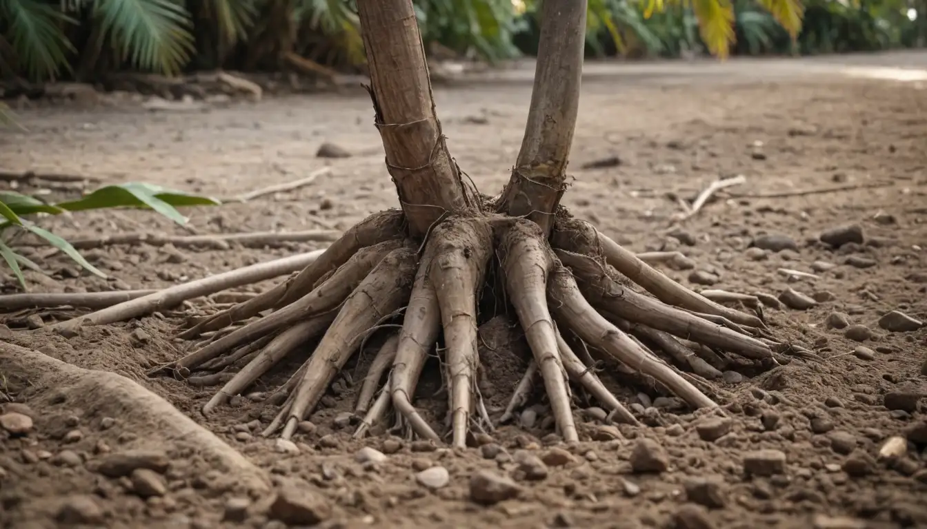 Palm tree roots entwined around a shovel, a healthy palm tree in the background, soil texture and moisture varying degrees, a subtle hint of sunlight filtering through the leaves