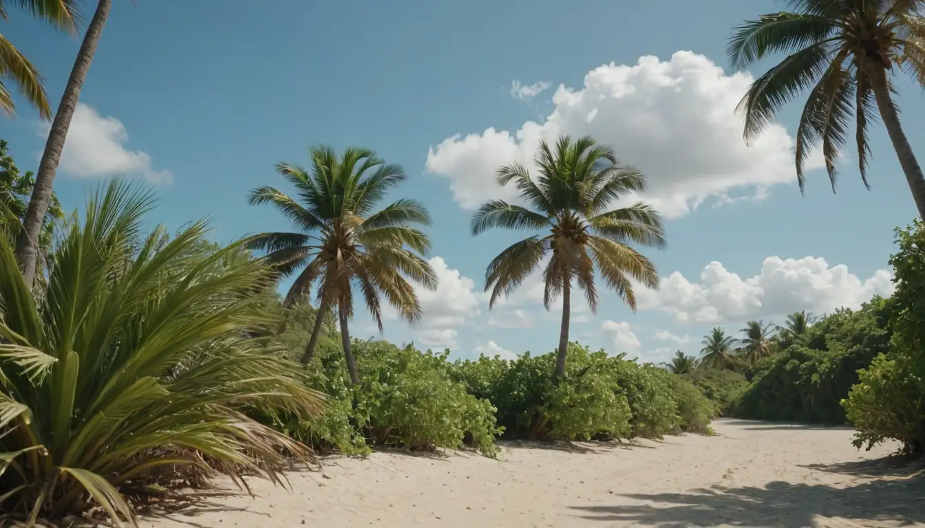 2 palms, lush green leaves, sunny tropical landscape, sandy beach, clear blue sky, warm weather, clouds, ocean waves, palm trees in different stages of growth, soil, a person or people in the background
