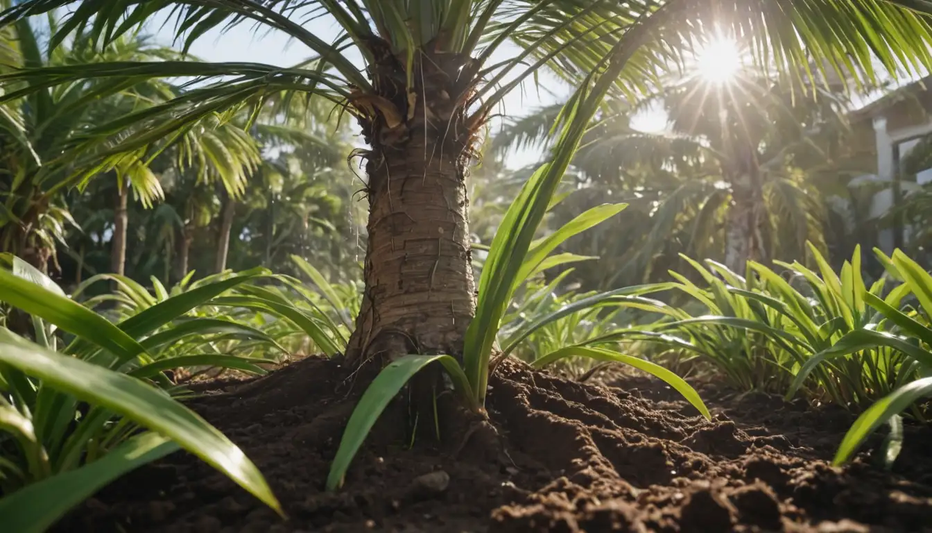 Palm tree trunk being transplanted, soil with water droplets, fertilizers and sunlight shining down, palm fronds unfolding, roots growing deep into the ground, green leaves sprouting from the top, gentle breeze blowing, sunny atmosphere surrounding, organic growth cycle