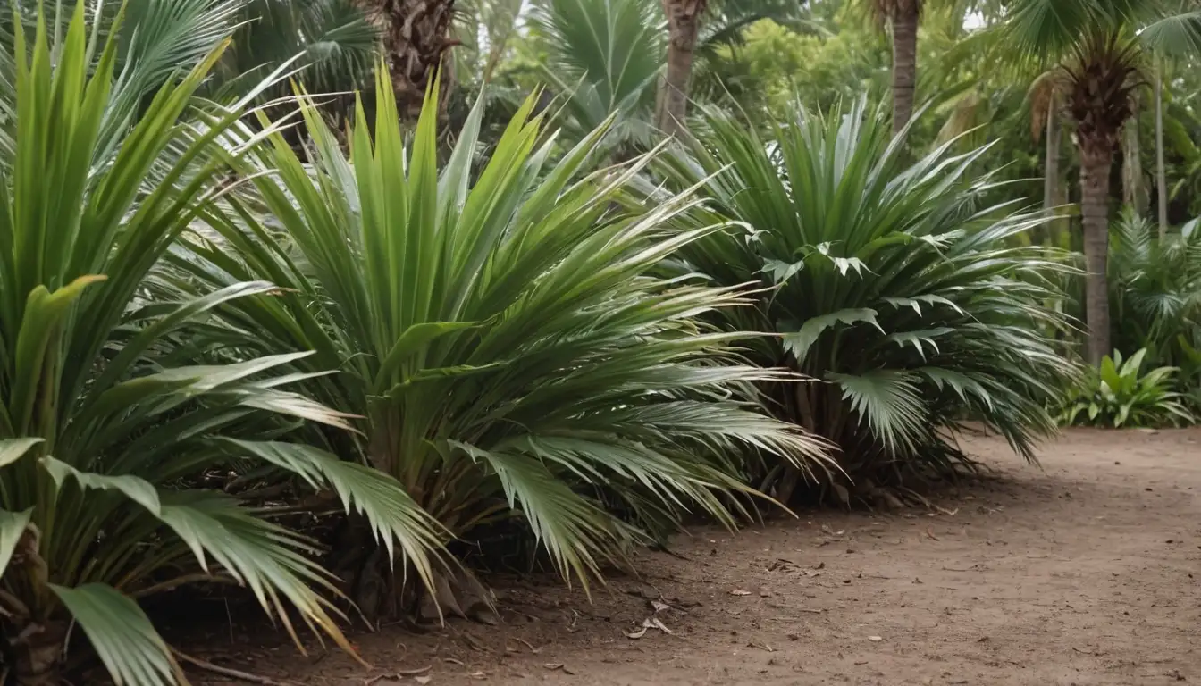3-5 small palm trees with different leaf shapes, sun-kissed soil, lush greenery surrounding them, a subtle blur to convey sense of growth