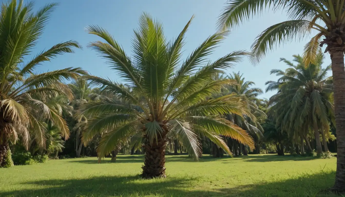 Palm tree, sunny location, warm terrain, lush greenery, bright blue sky, calm atmosphere, peaceful setting, possibly a few scattered palm fronds or leaves on the ground