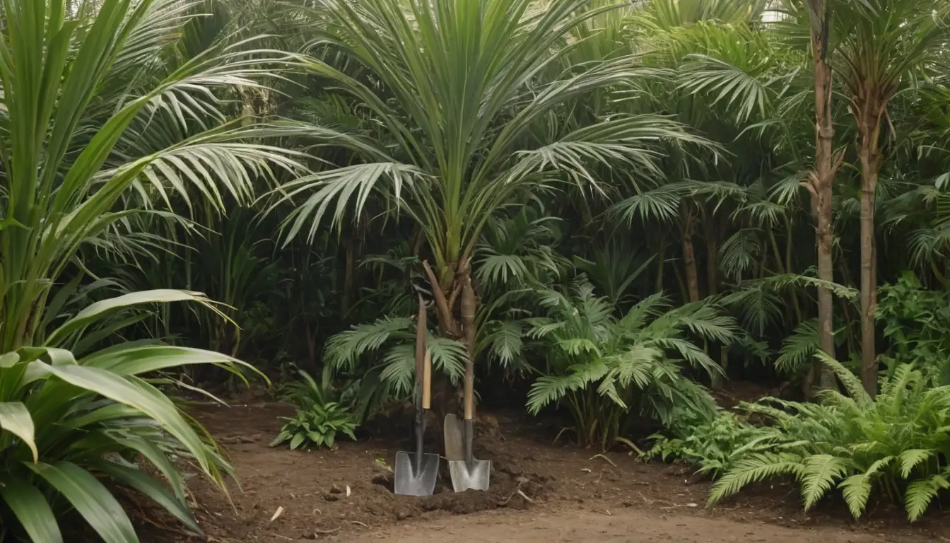 palms, soil, shovel, gardening tools, palm fronds, roots, planting, greenery, earthy tones, sunlight, warm climate, lush foliage, growth