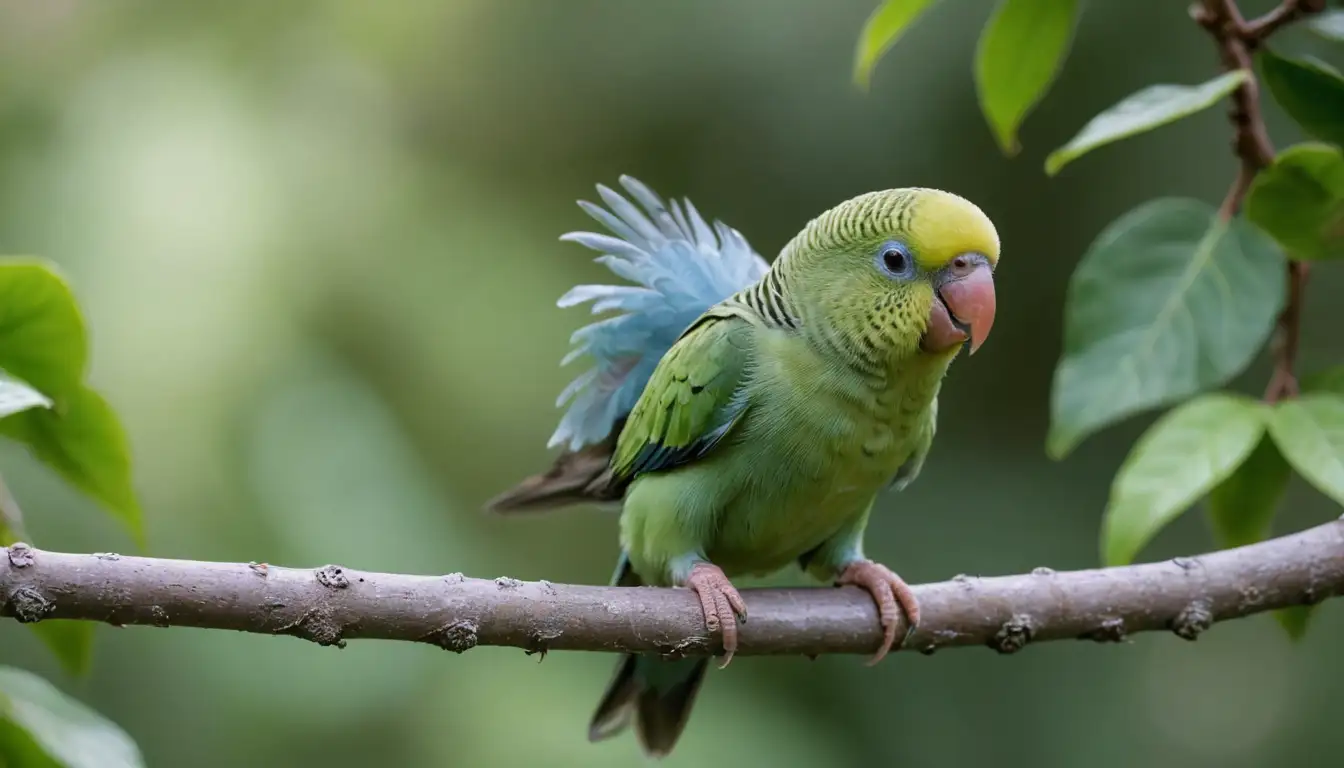 5-7 days old baby parakeet perched on a branch, looking curious and playful, with a small toy or treat near its beak, amidst some greenery and a blurred background of a home environment