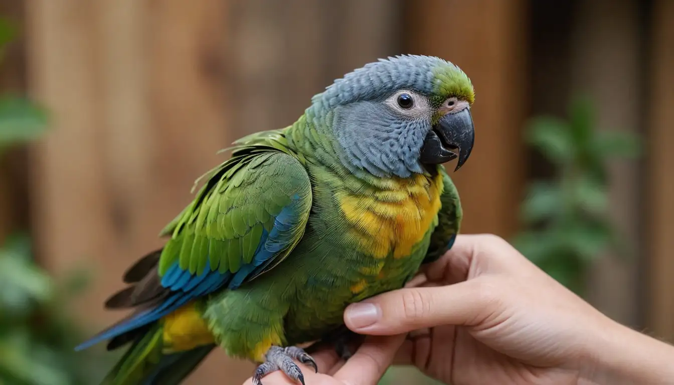 1 small parrot with vibrant plumage, sitting on a hand or arm, looking directly at camera, feathers ruffled slightly from handling, eyes shining bright, with gentle, affectionate expression, set against a warm, natural background such as wood grain or stone, with a hint of greenery or foliage