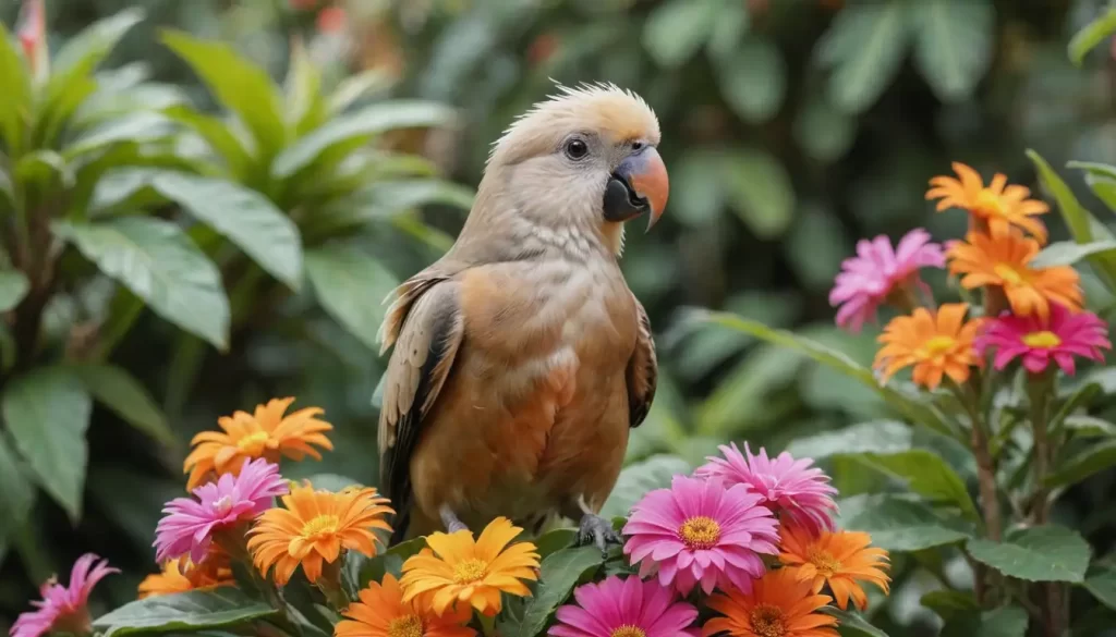 Happy periquito perched on a colorful flower
