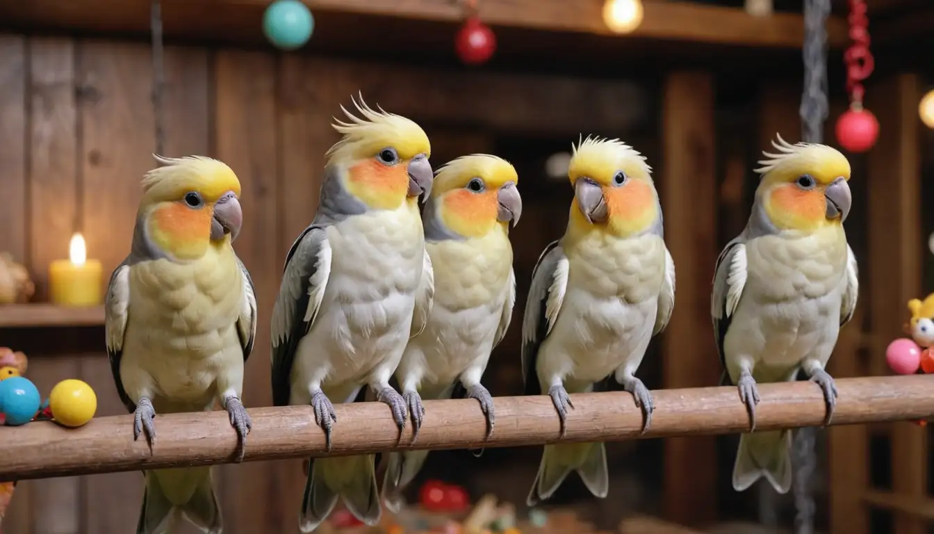 3-5 colorful cockatiels perched on wooden or metal bars, surrounded by toys and treats, with a playful atmosphere, a persons hand in the background holding a treat or toy, blurred room setting, warm lighting