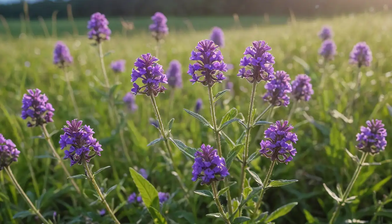 Bright blue sky, lush green grass, clusters of purple Verbena Hybrida flowers, delicate stems with tiny leaves, subtle hints of morning dew, warm sunlight casting gentle shadows