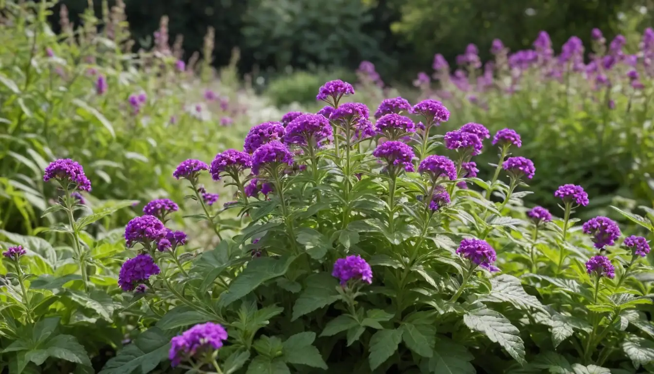A bright, colorful image of a thriving garden with, vibrant purple flowers, lush green leaves, and soil enriched with nutrients, showcasing Verbena Hybrida plants grown in a variety of conditions, featuring stems, blossoms, and foliage against a soft background