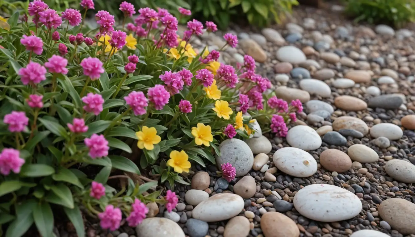 3-5 brightly colored plants with curly leaves, a mix of small and large flowers in shades of pink, yellow, and white, soft light or warm sunset ambiance, garden or potting soil setting, possibly a few decorative stones or shells around the plants
