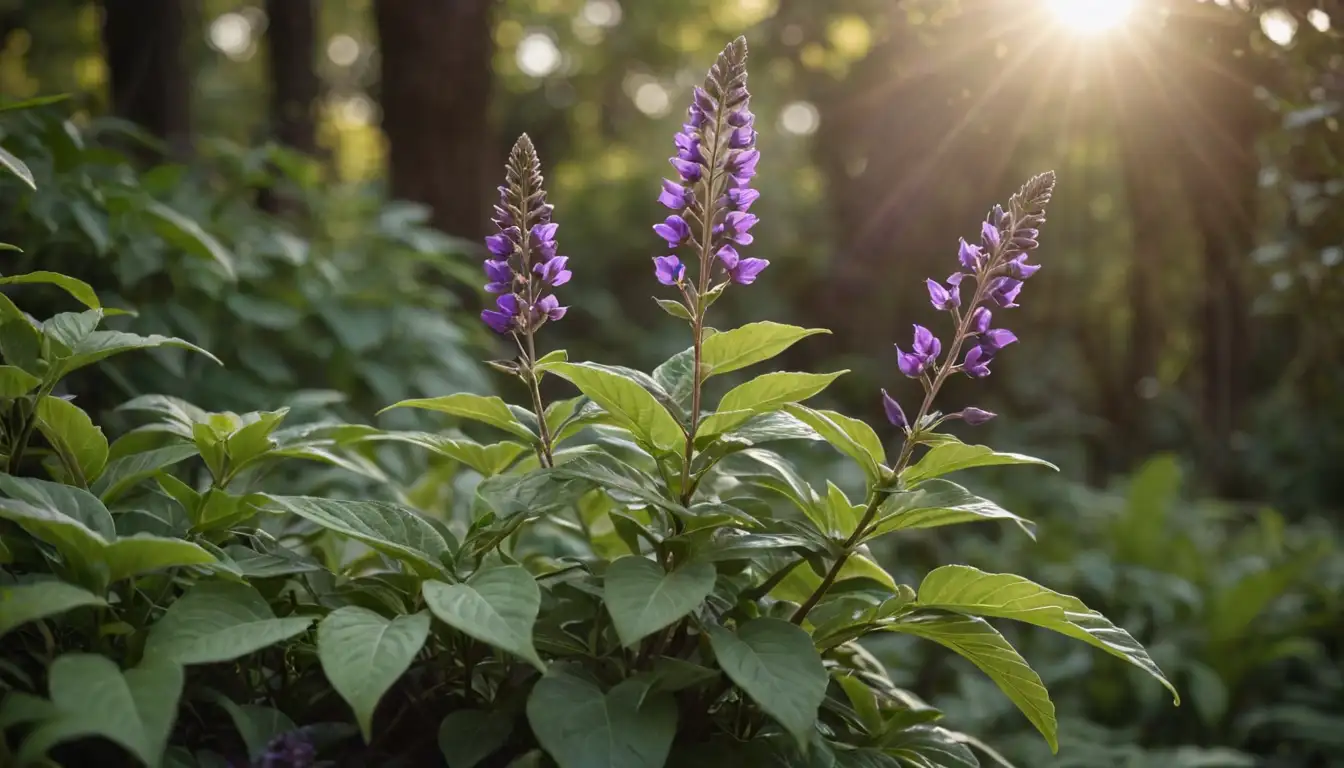 3-leafed plant with deep purple flowers, delicate stems, and lush foliage, set against a warm sunny background, featuring a subtle focus on the leaves or flowers to highlight their unique features