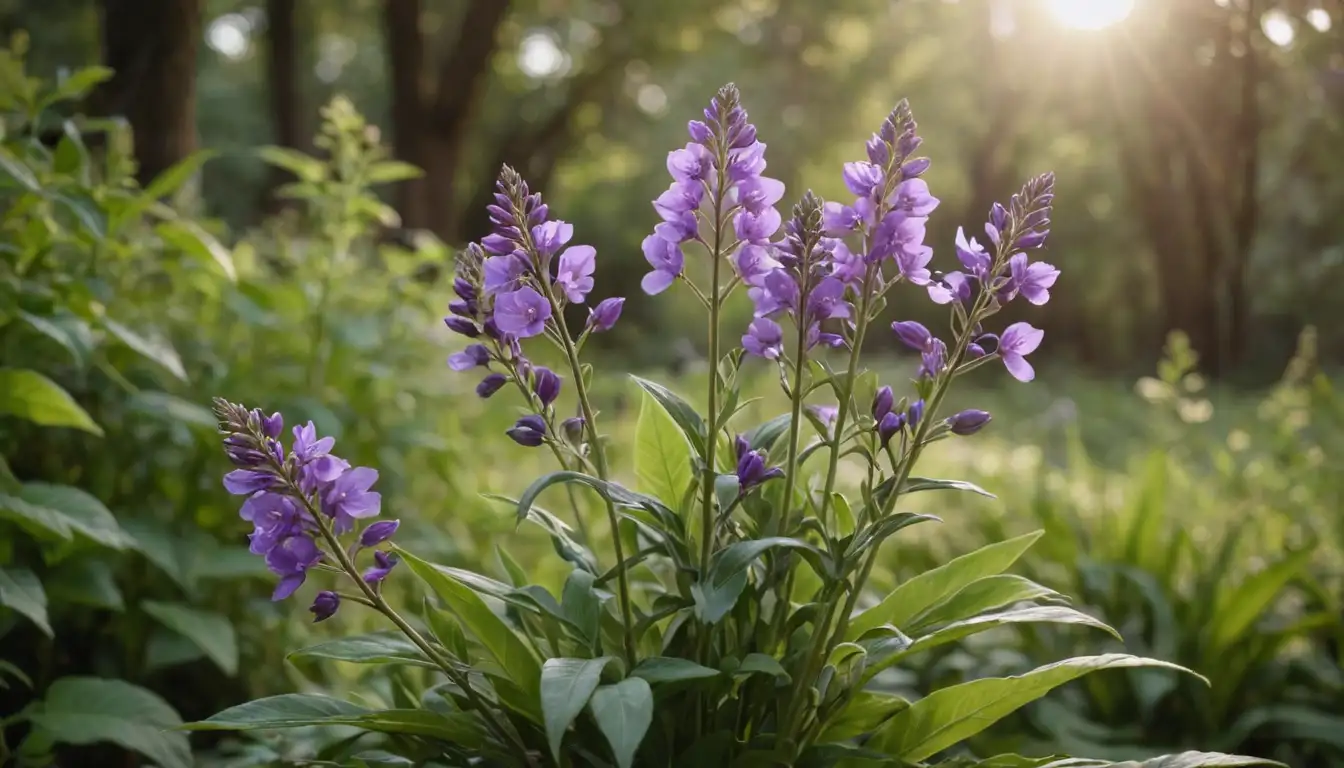 A bouquet of purple flowers with a delicate stem, surrounded by lush greenery, set against a warm sunny background, perhaps with a few subtle leaves or tendrils visible in the foreground