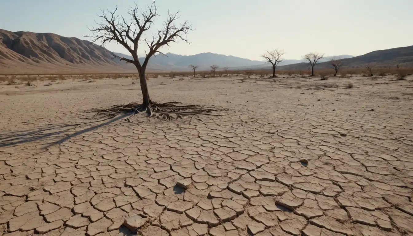Arid landscape, dry soil, withered plants, cracked earth, sun-scorched terrain, barren tree, sparse vegetation, desolate scenery, dusty environment, parched land