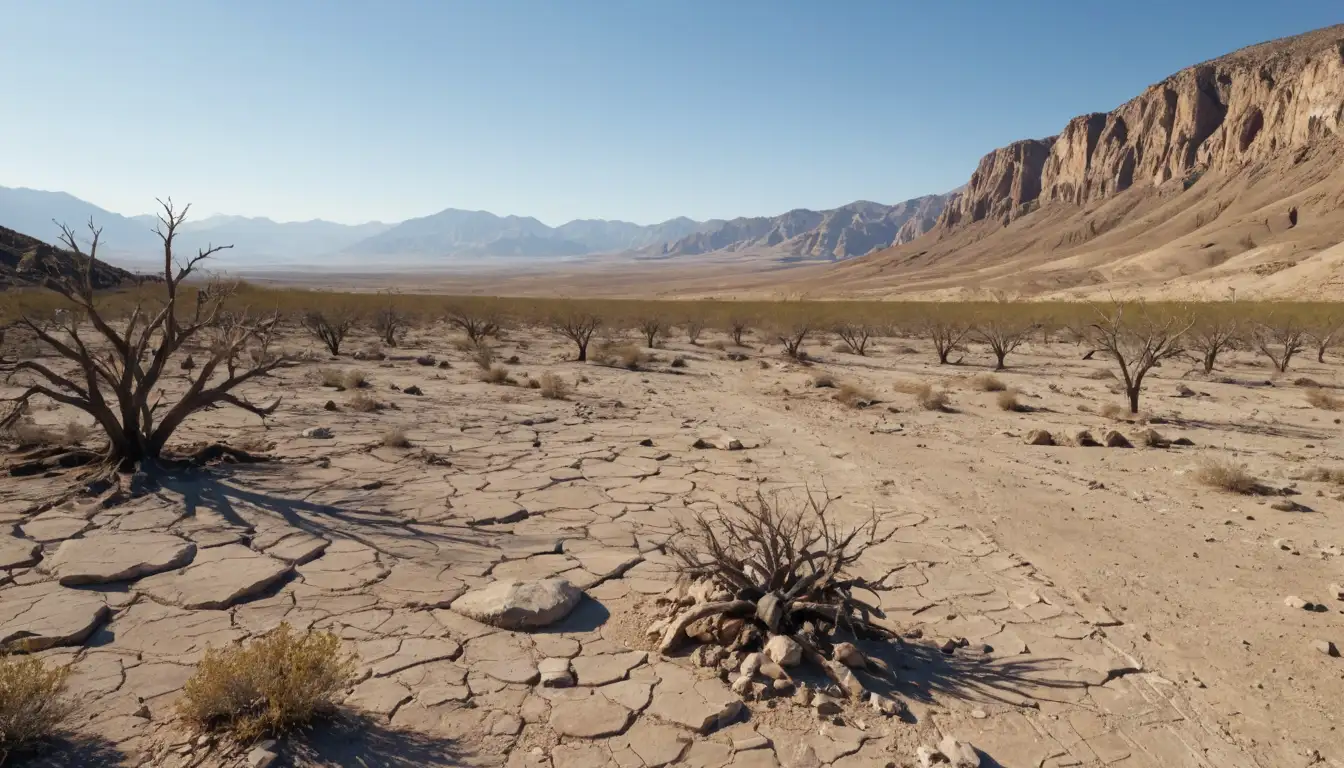 arid land, dry soil, cracked earth, withered plants, desiccated trees, parched landscape, sun-baked terrain, barren vista, sparse vegetation, dry creek bed, rocky outcropping, distant mountain range, cloudless blue sky, warm golden light, no greenery