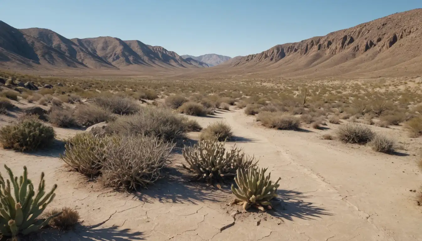 Arid landscape, desolate terrain, cracked earth, dry vegetation, cacti, scrubby shrubs, rocky outcrops, sandy dunes, barren hills, sparse trees, sun-baked wasteland