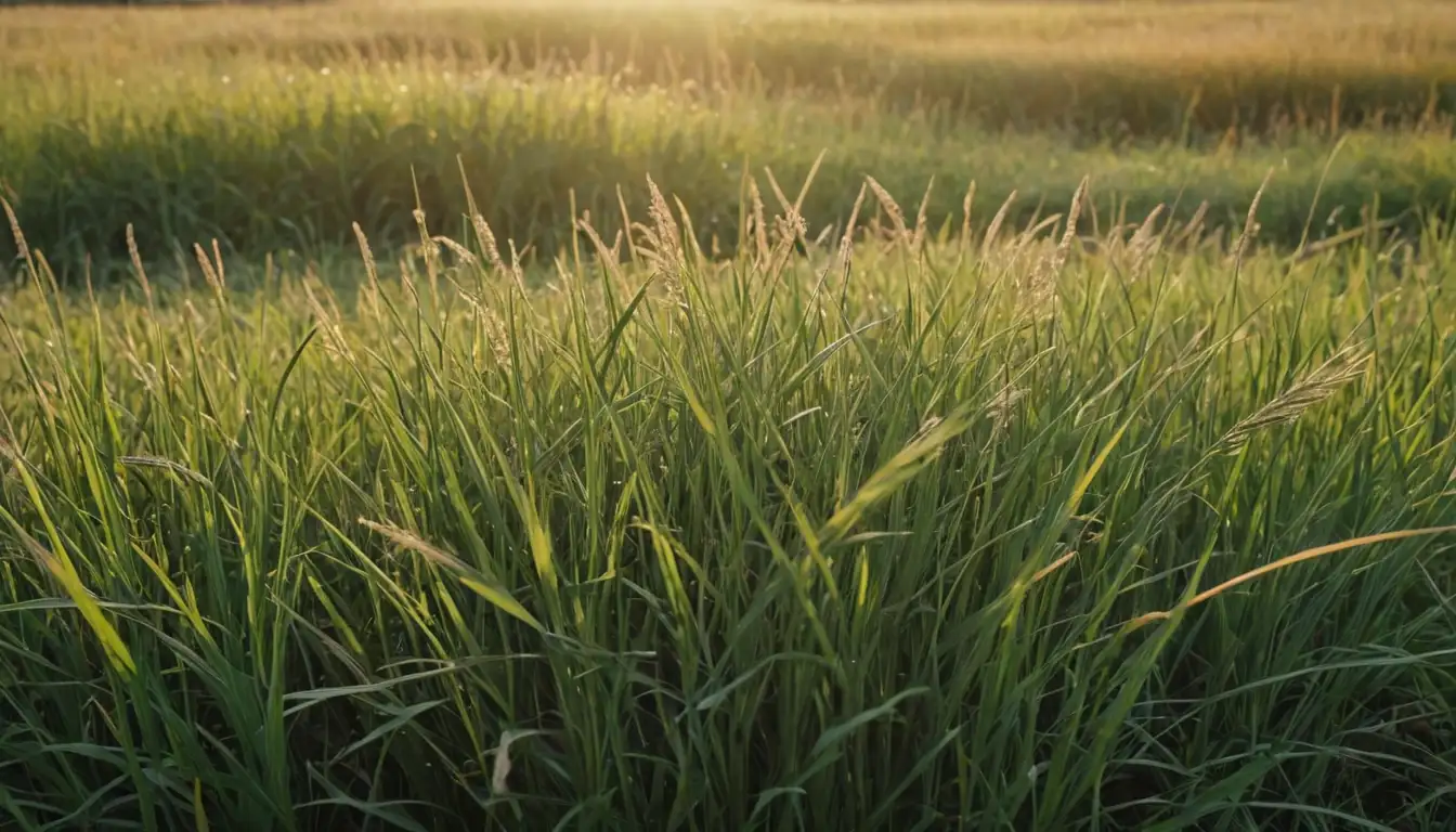 A lush green meadow, a bouquet of Buffalo grass, a close-up of leaves and stems, a rustic landscape with scattered bunches, a natural setting with sun shining through, a field of golden yellow in autumn tone