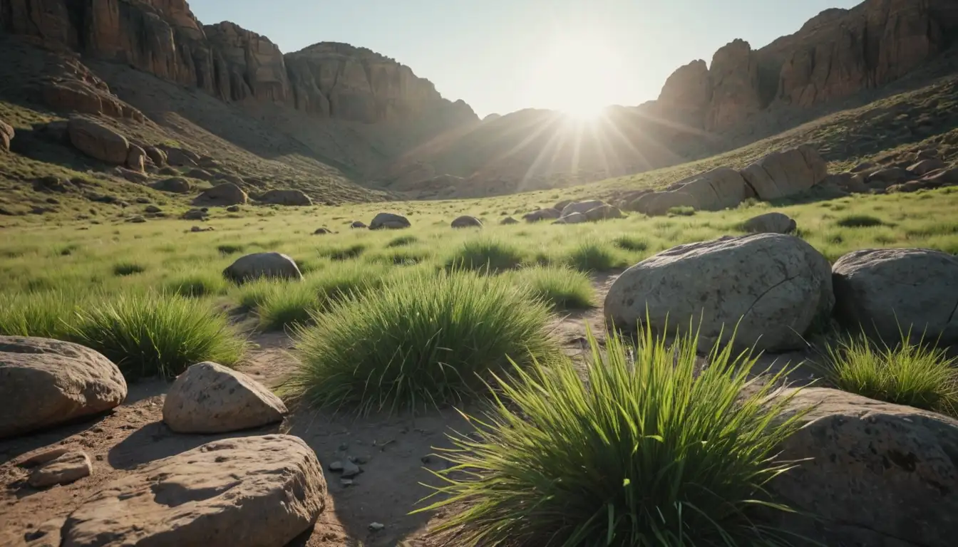 A photograph of lush green Buffalo Grass, possibly in a natural landscape with rocks or hills, sun shining from above, no water features visible, dry earth or desert-like surroundings