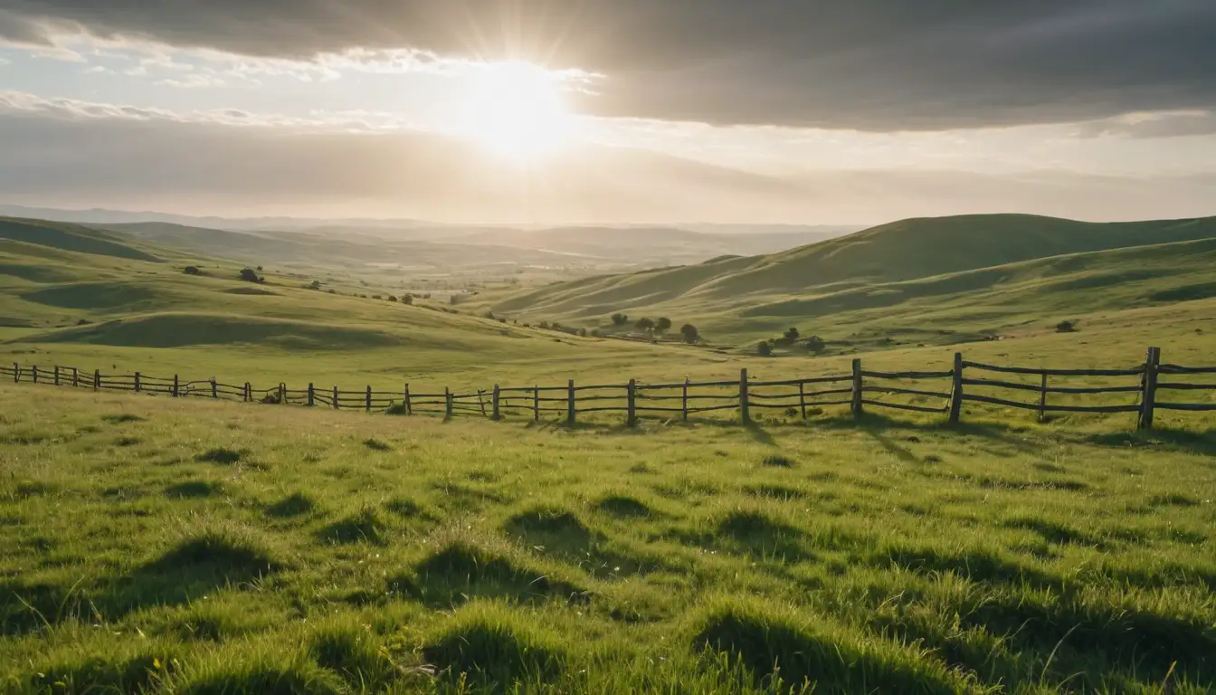 Wild landscape with grasslands, rolling hills, cattle grazing, sun shining, green pastures, rustic fencing, natural scenery, wildlife roaming free, open spaces, lush vegetation, earthy tones, organic vibes